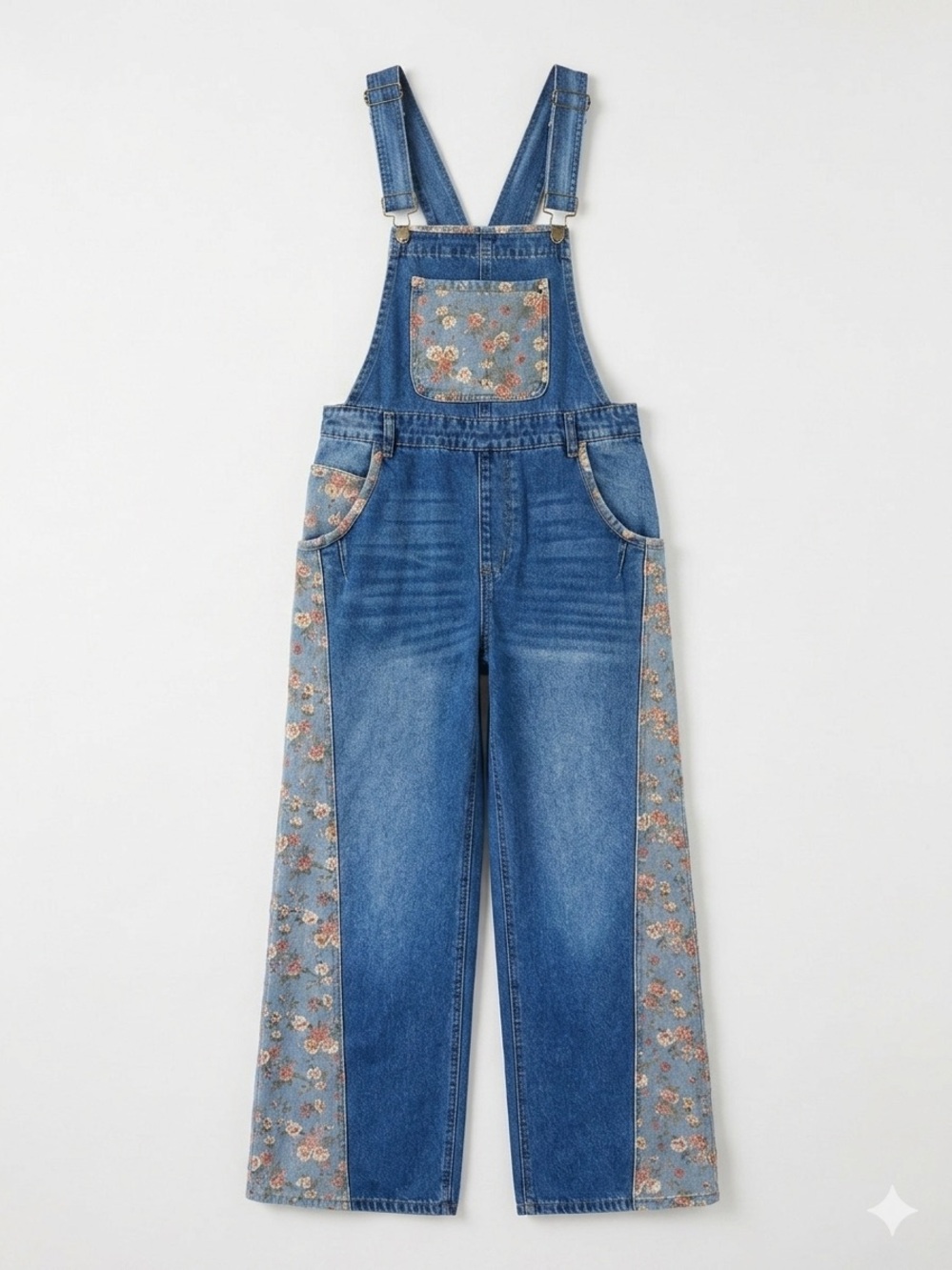 Wide Leg Denim Overalls with Floral Panels Size Medium